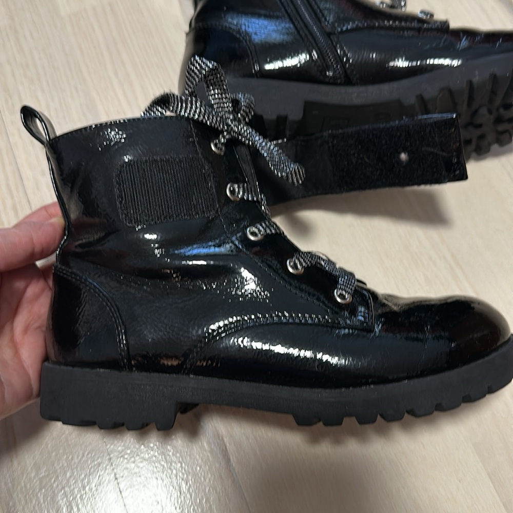 Black patent leather girls kids combat shiny boots booties Halloween costume
